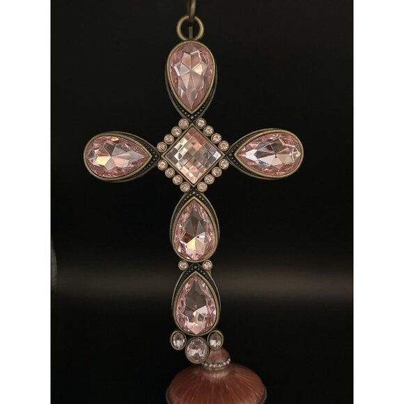 Kirklands Pink With Gold/Brass Colored Stone Cross With Pink/Metal Stand Holder - Picture 4 of 16